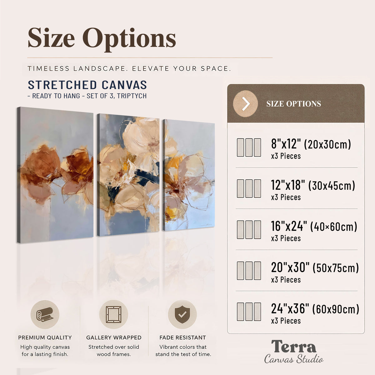 Loose ivory and ochre flower forms layered over a pale blue painterly background 3 piece canvas wall art available dimensions; triptych dimensions are per panel