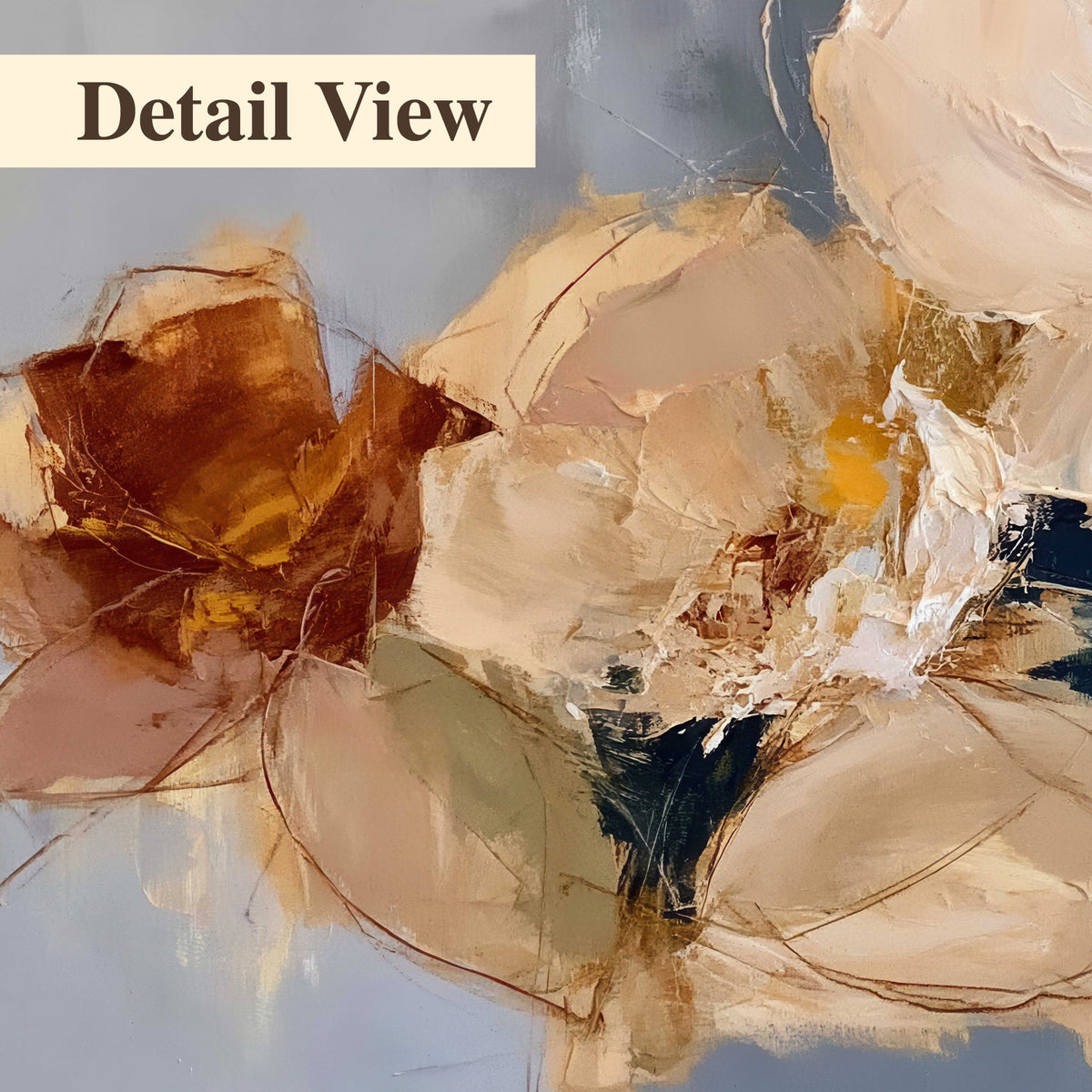 Loose ivory and ochre flower forms layered over a pale blue painterly background 3 piece canvas wall art artwork detail close up