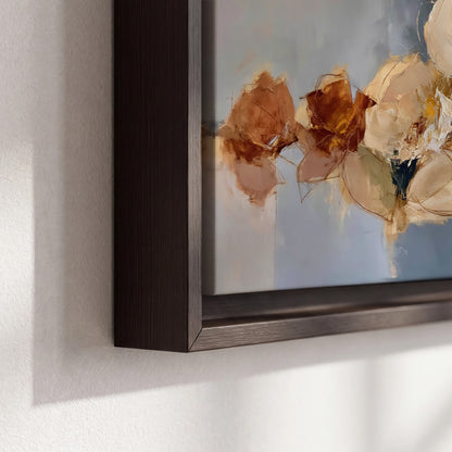 Loose ivory and ochre flower forms layered over a pale blue painterly background 3 piece framed canvas wall art material and edge close up