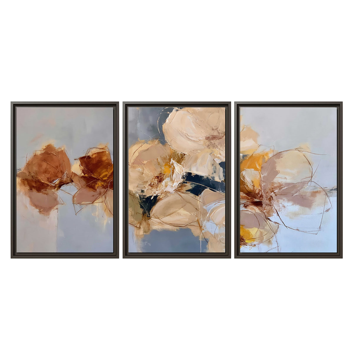 Loose ivory and ochre flower forms layered over a pale blue painterly background 3 piece framed canvas wall art viewed straight on