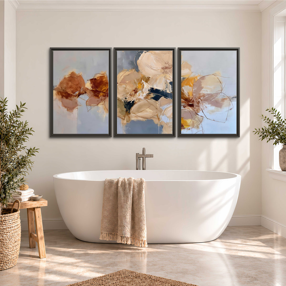 Loose ivory and ochre flower forms layered over a pale blue painterly background 3 piece framed canvas wall art styled in an interior