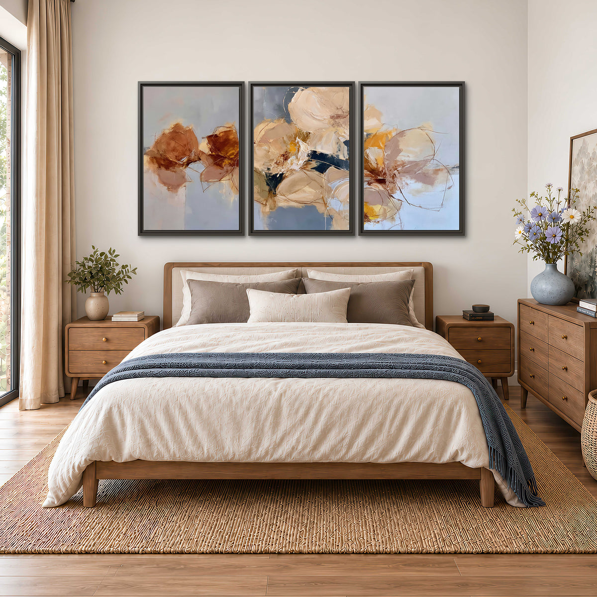 Loose ivory and ochre flower forms layered over a pale blue painterly background 3 piece framed canvas wall art styled in an interior