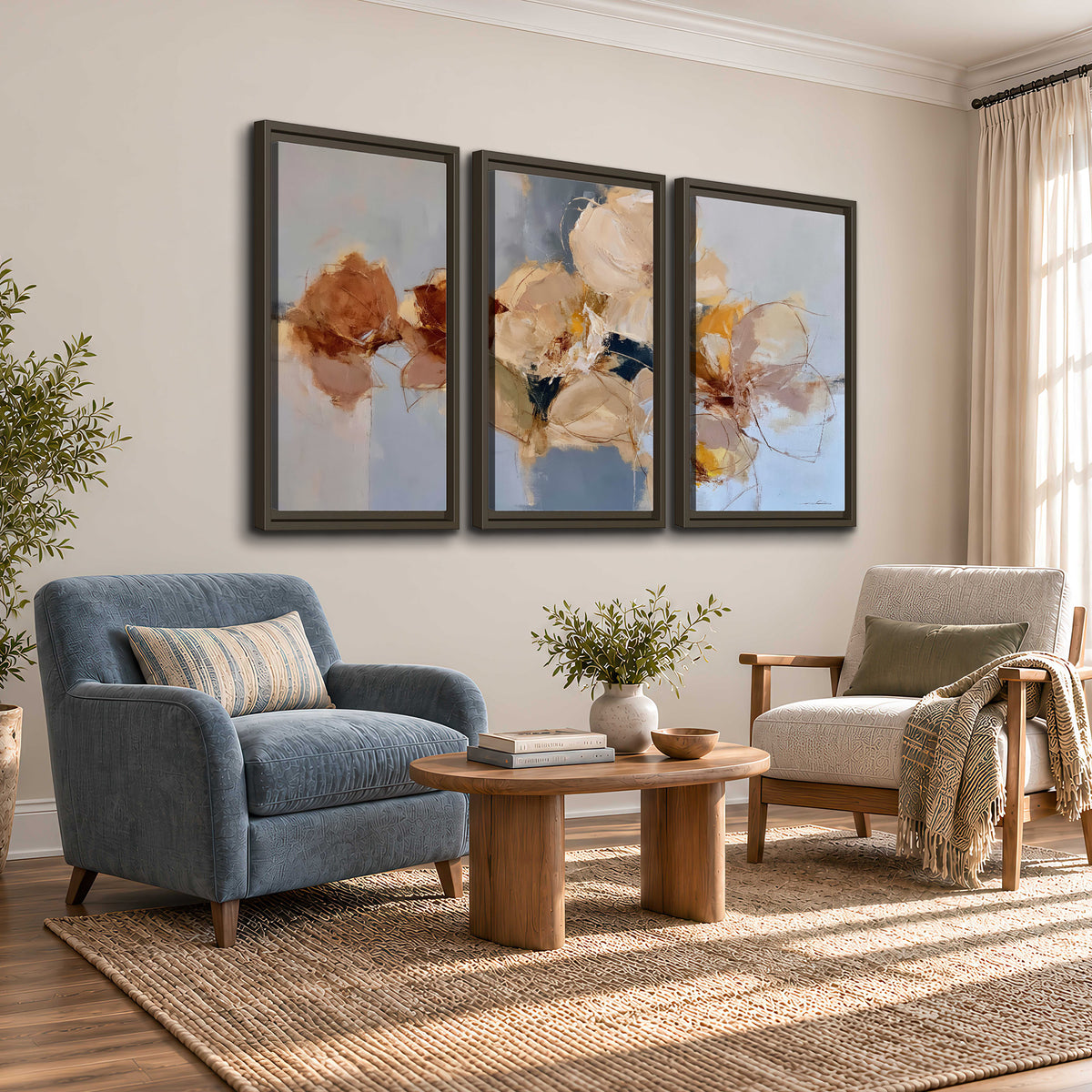 Loose ivory and ochre flower forms layered over a pale blue painterly background 3 piece framed canvas wall art styled in an interior