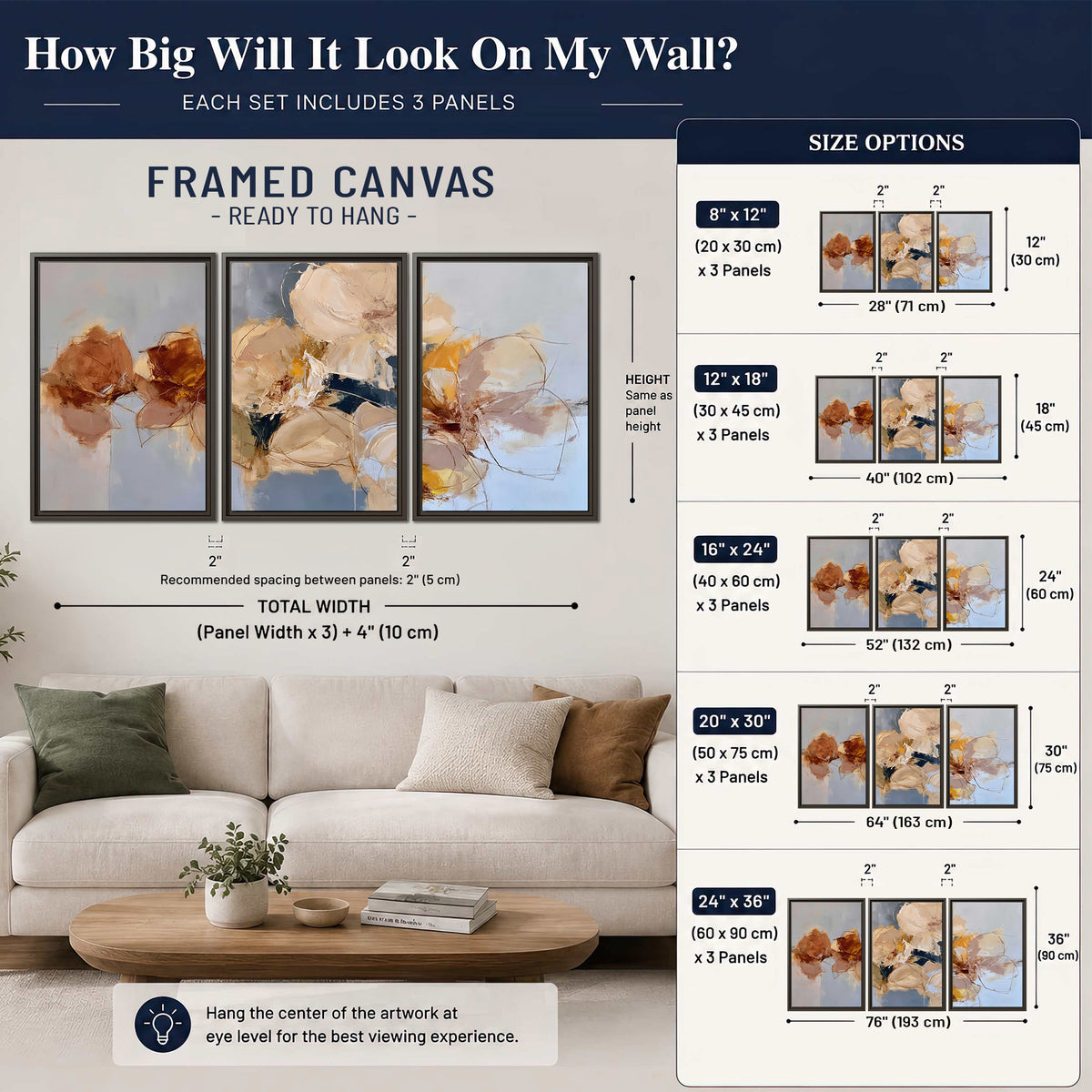 Loose ivory and ochre flower forms layered over a pale blue painterly background 3 piece framed canvas wall art size guide above a sofa; room view is illustrative