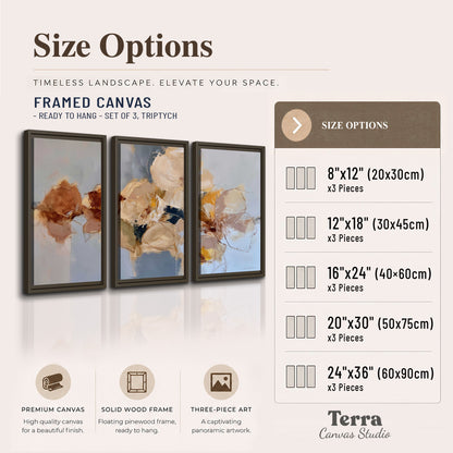 Loose ivory and ochre flower forms layered over a pale blue painterly background 3 piece framed canvas wall art available dimensions; triptych dimensions are per panel