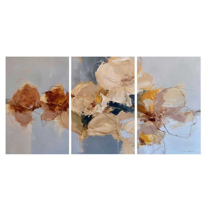 Loose ivory and ochre flower forms layered over a pale blue painterly background set of 3 poster prints viewed straight on