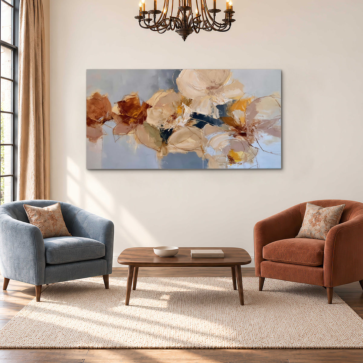 Loose ivory and ochre flower forms layered over a pale blue painterly background single canvas wall art styled in an interior