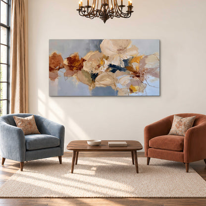 Loose ivory and ochre flower forms layered over a pale blue painterly background single canvas wall art styled in an interior