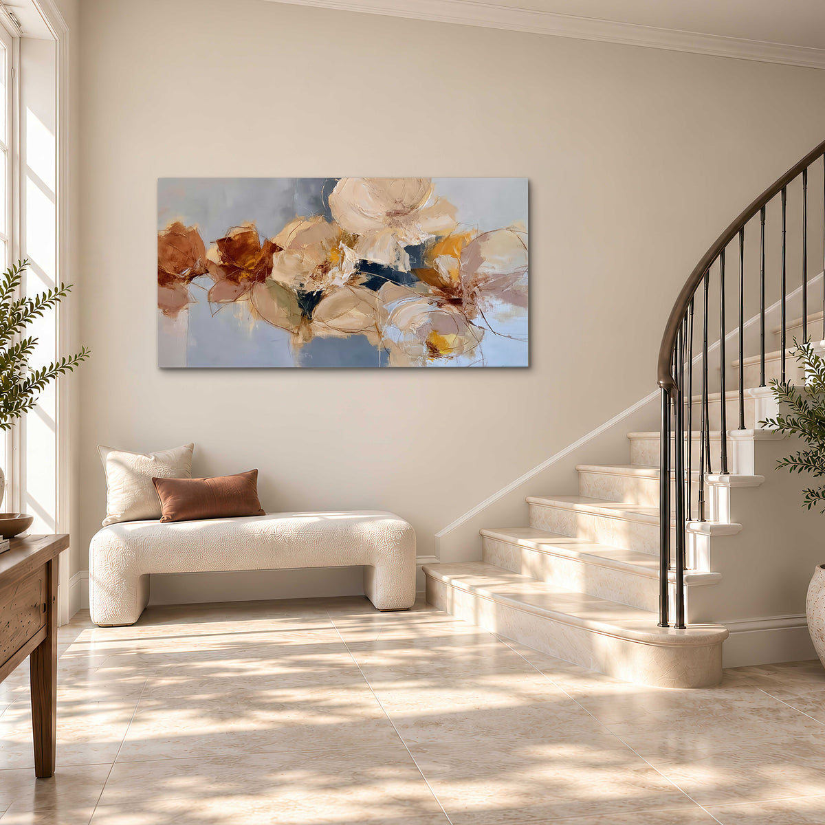 Loose ivory and ochre flower forms layered over a pale blue painterly background single canvas wall art styled in an interior
