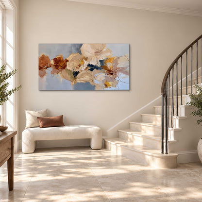 Loose ivory and ochre flower forms layered over a pale blue painterly background single canvas wall art styled in an interior