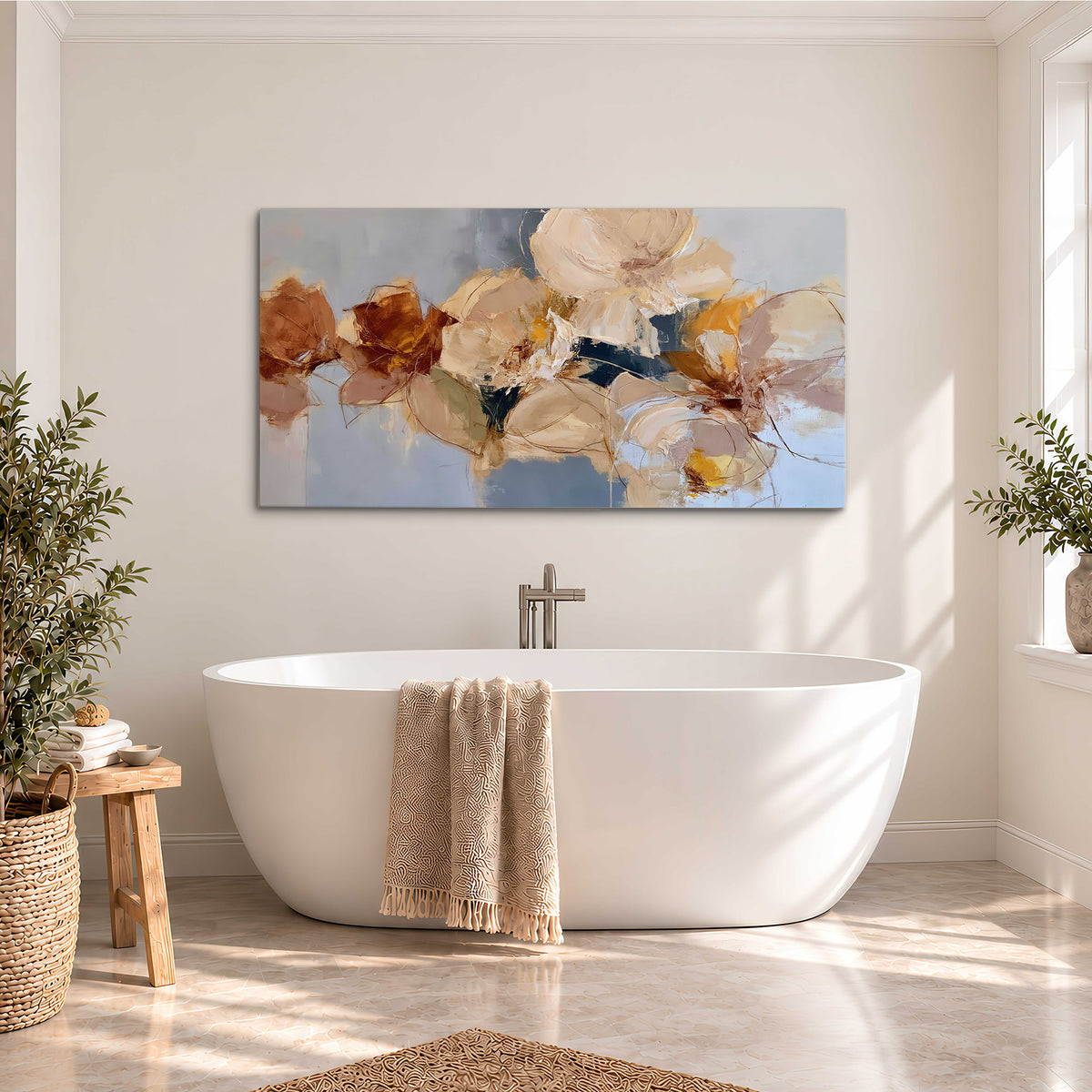 Loose ivory and ochre flower forms layered over a pale blue painterly background single canvas wall art styled in an interior