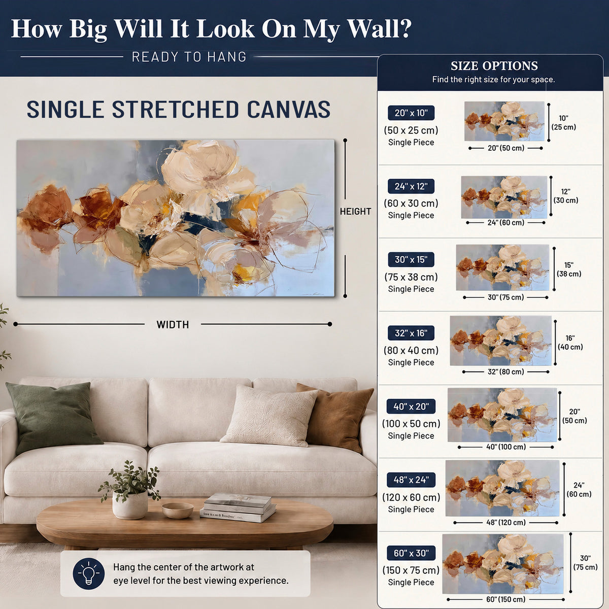 Loose ivory and ochre flower forms layered over a pale blue painterly background single canvas wall art size guide above a sofa; room view is illustrative
