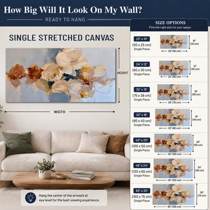 Loose ivory and ochre flower forms layered over a pale blue painterly background single canvas wall art size guide above a sofa; room view is illustrative