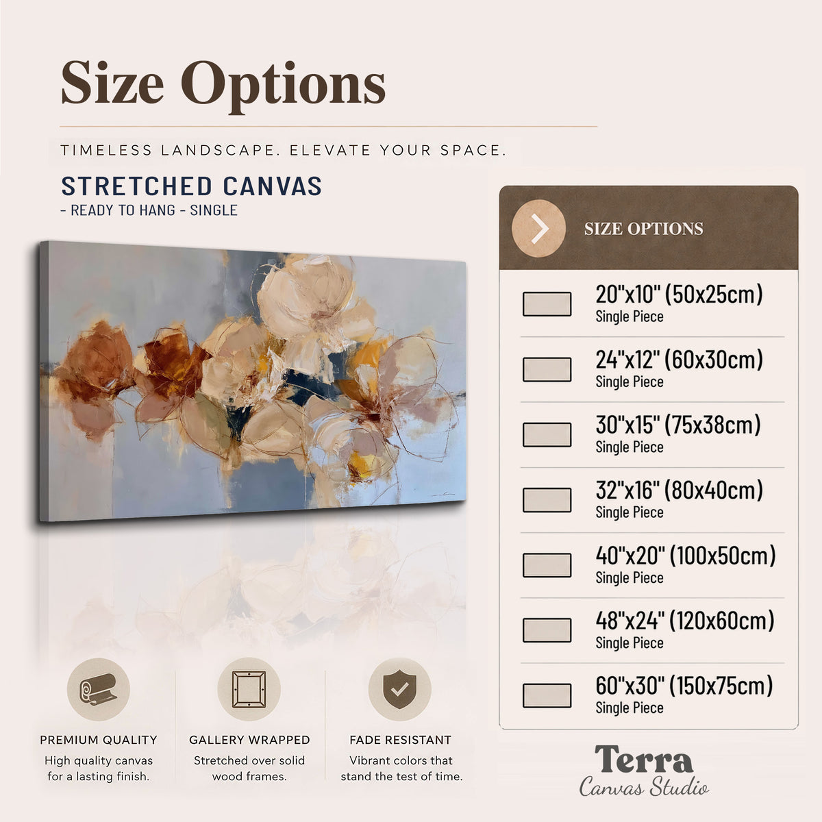 Loose ivory and ochre flower forms layered over a pale blue painterly background single canvas wall art available dimensions