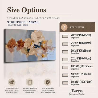 Loose ivory and ochre flower forms layered over a pale blue painterly background single canvas wall art available dimensions
