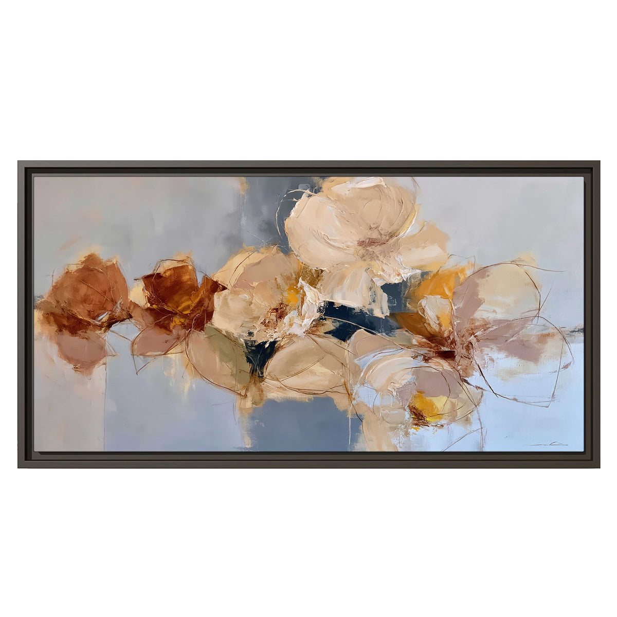Loose ivory and ochre flower forms layered over a pale blue painterly background single framed canvas wall art viewed straight on