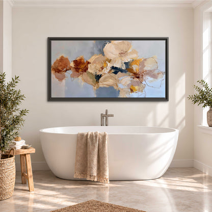 Loose ivory and ochre flower forms layered over a pale blue painterly background single framed canvas wall art styled in an interior