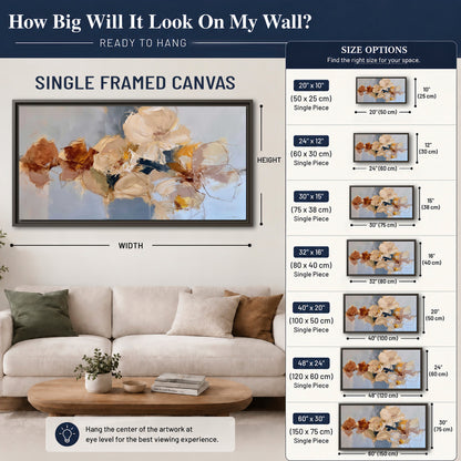 Loose ivory and ochre flower forms layered over a pale blue painterly background single framed canvas wall art size guide above a sofa; room view is illustrative