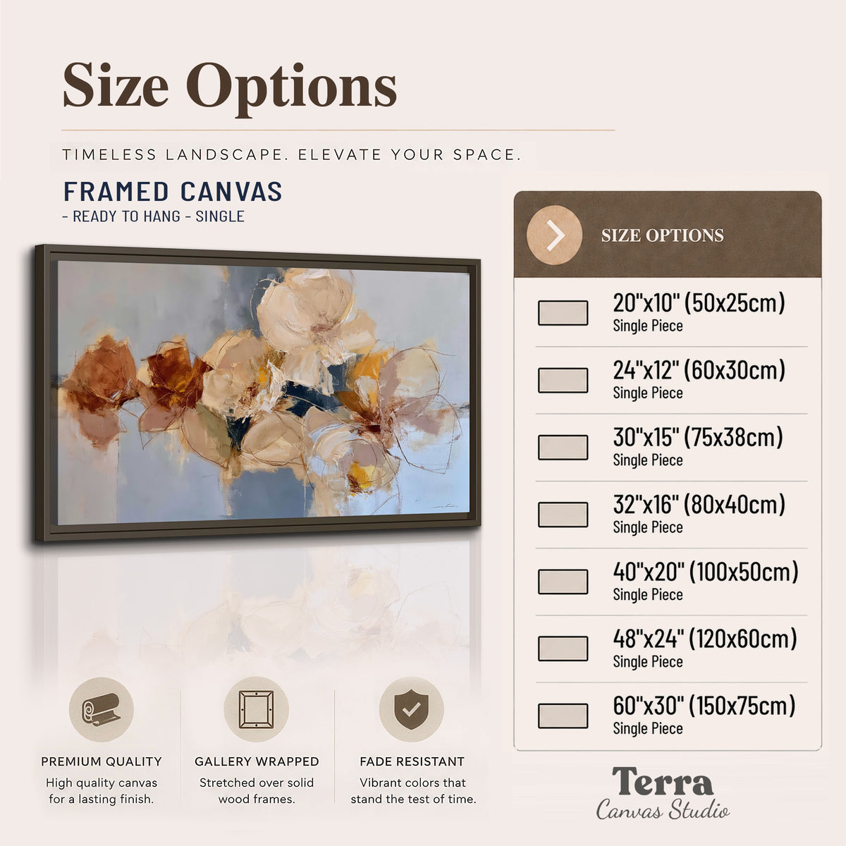 Loose ivory and ochre flower forms layered over a pale blue painterly background single framed canvas wall art available dimensions