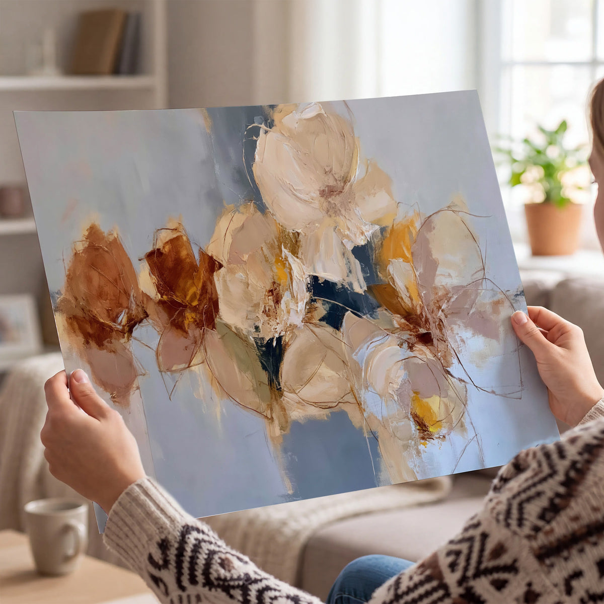 Loose ivory and ochre flower forms layered over a pale blue painterly background single poster print held in hands