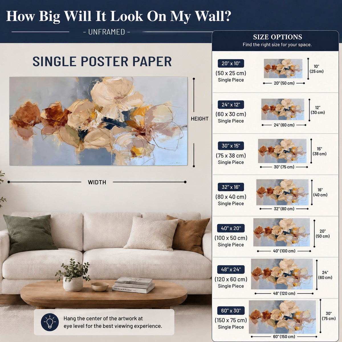Loose ivory and ochre flower forms layered over a pale blue painterly background single poster print size guide above a sofa; room view is illustrative