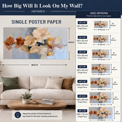 Loose ivory and ochre flower forms layered over a pale blue painterly background single poster print size guide above a sofa; room view is illustrative