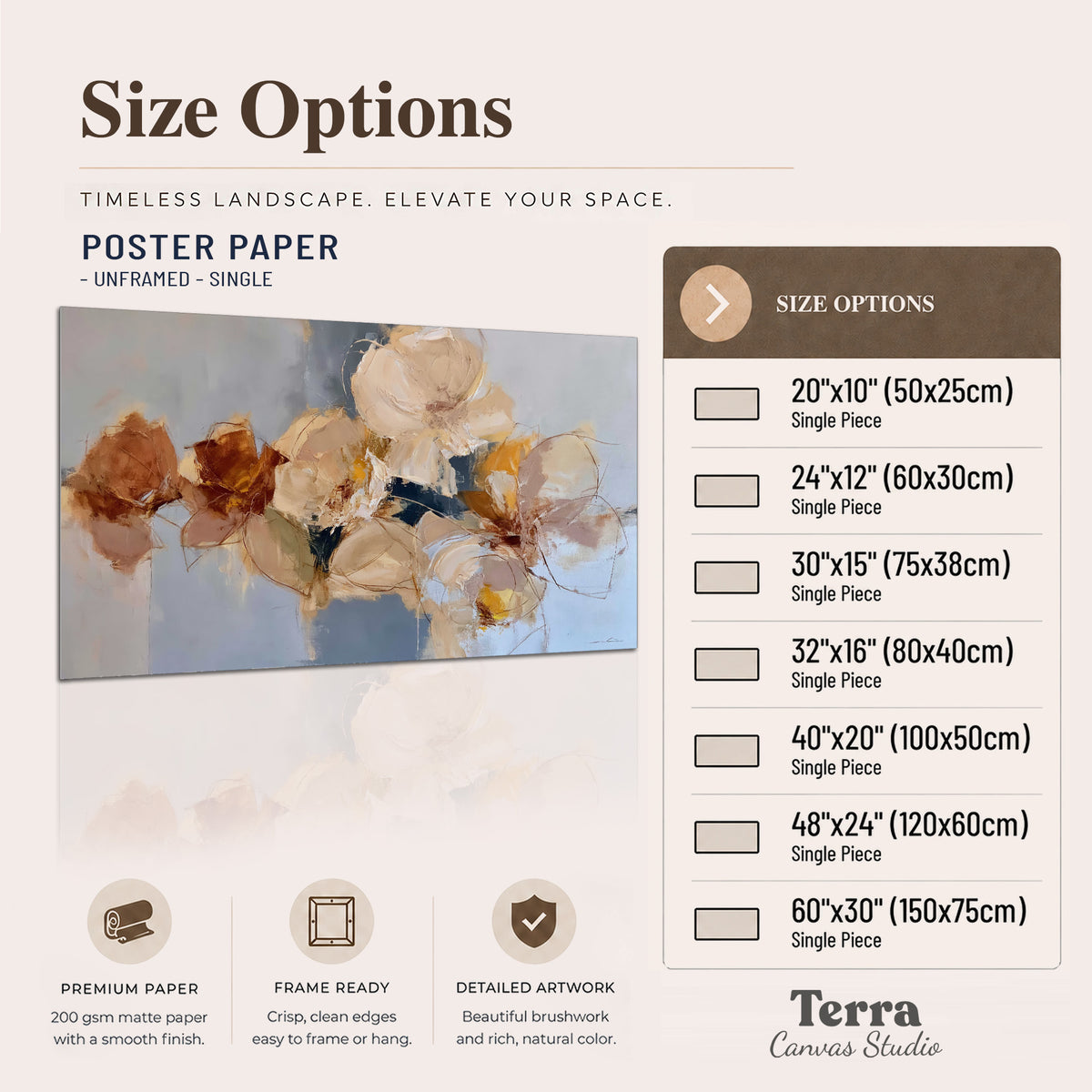 Loose ivory and ochre flower forms layered over a pale blue painterly background single poster print available dimensions