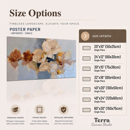 Loose ivory and ochre flower forms layered over a pale blue painterly background single poster print available dimensions