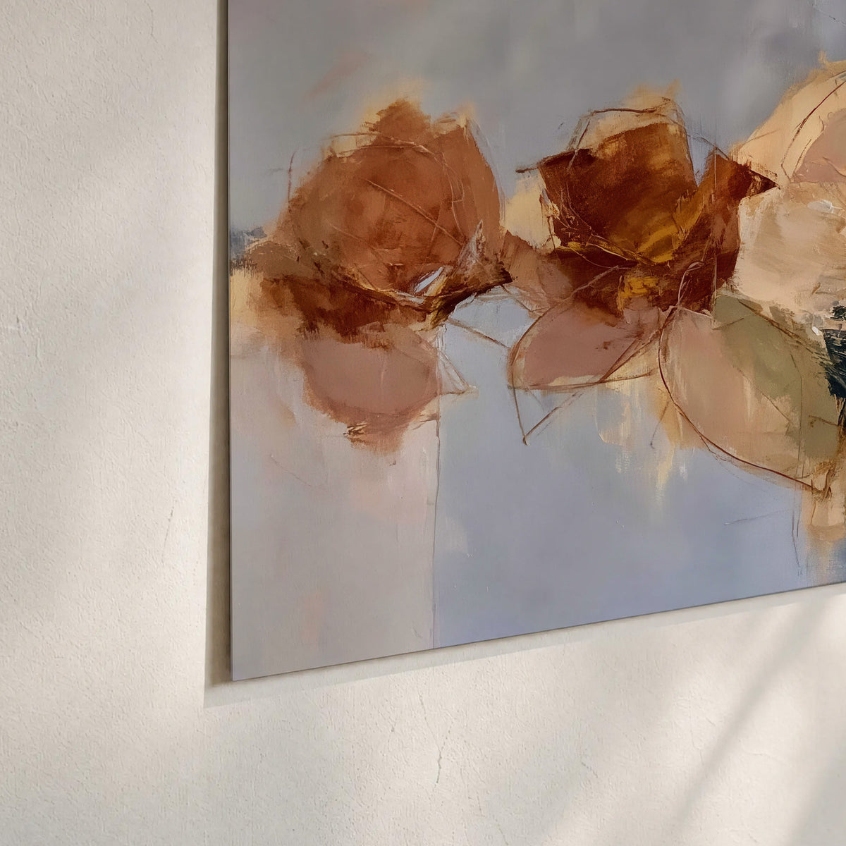 Loose ivory and ochre flower forms layered over a pale blue painterly background set of 3 poster prints material and edge close up