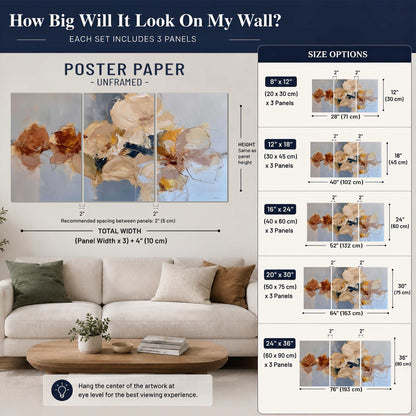 Loose ivory and ochre flower forms layered over a pale blue painterly background set of 3 poster prints size guide above a sofa; room view is illustrative