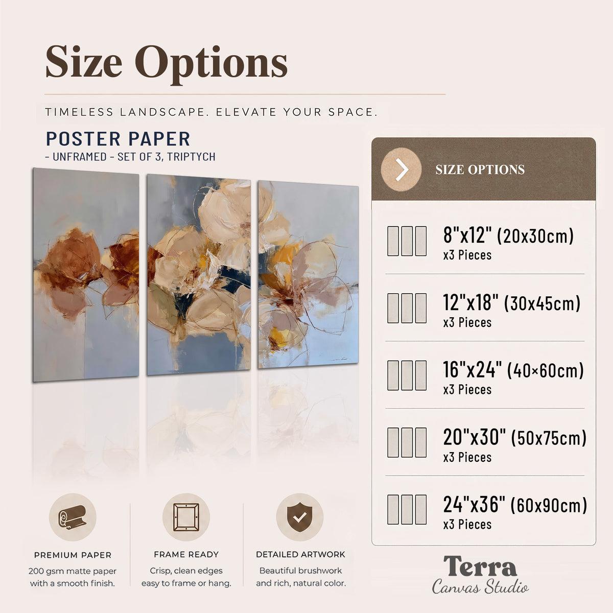 Loose ivory and ochre flower forms layered over a pale blue painterly background set of 3 poster prints available dimensions; triptych dimensions are per panel
