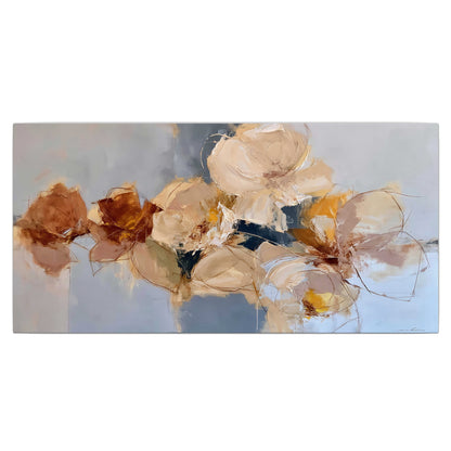 Loose ivory and ochre flower forms layered over a pale blue painterly background single canvas wall art viewed straight on