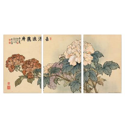 Pale pink peonies and green leaves on a warm beige background with decorative script 3 piece canvas wall art viewed straight on