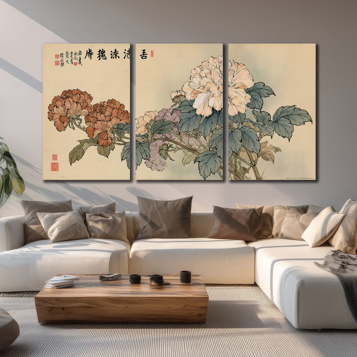 Pale pink peonies and green leaves on a warm beige background with decorative script 3 piece canvas wall art displayed in a living room