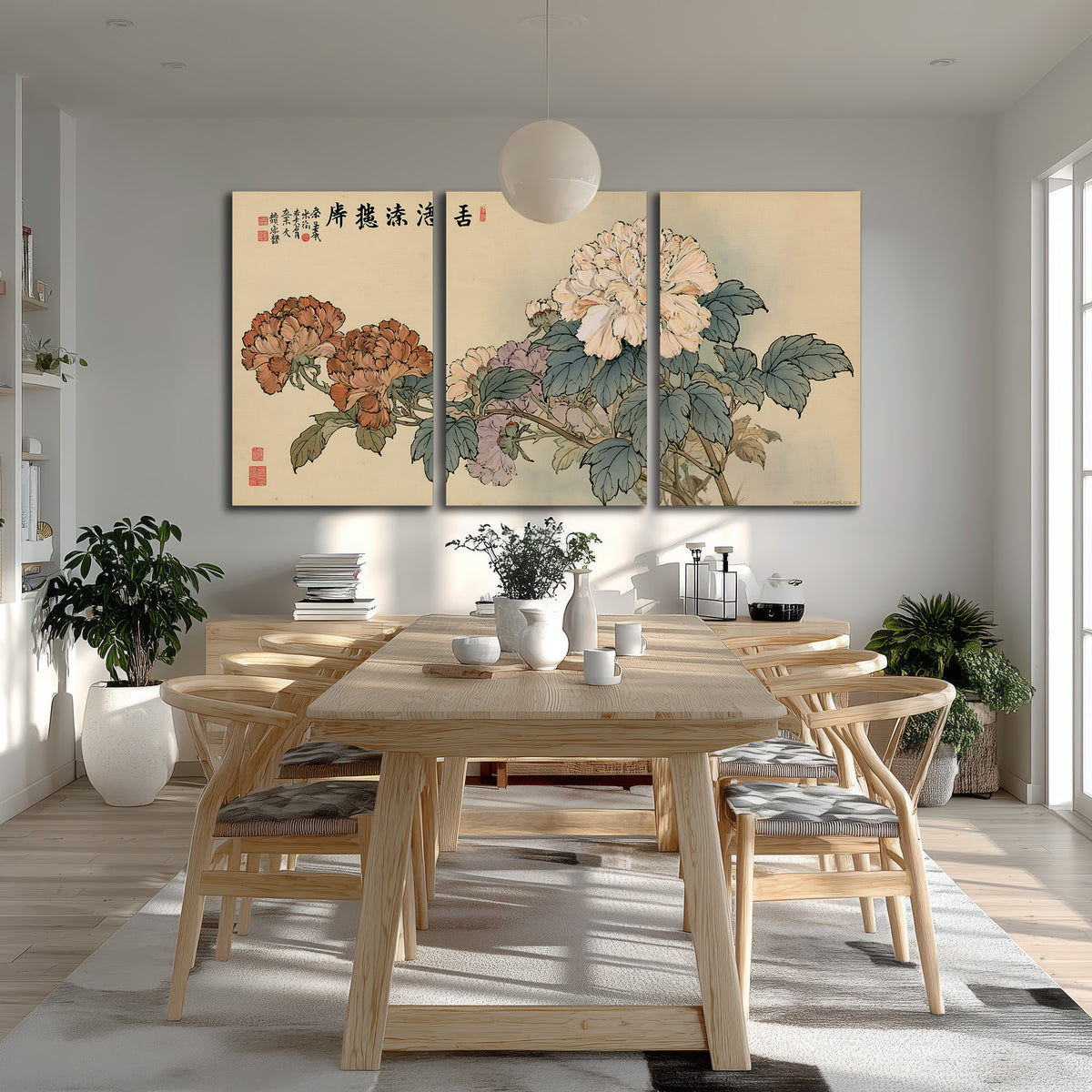Pale pink peonies and green leaves on a warm beige background with decorative script 3 piece canvas wall art room and product view
