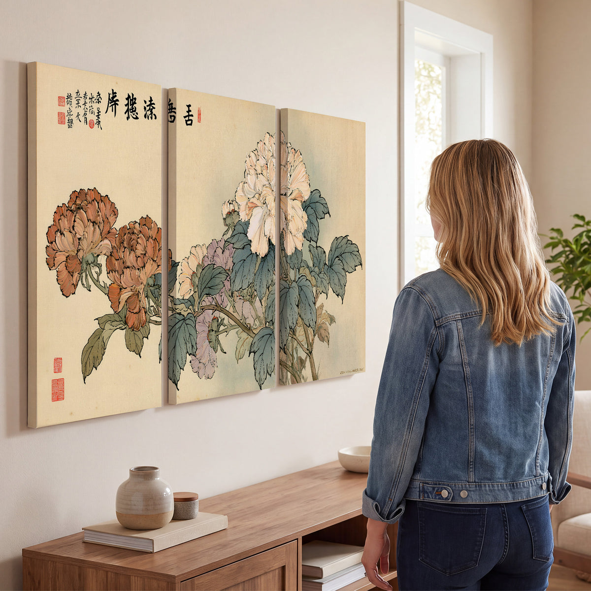 Pale pink peonies and green leaves on a warm beige background with decorative script 3 piece canvas wall art three panel arrangement on a wall