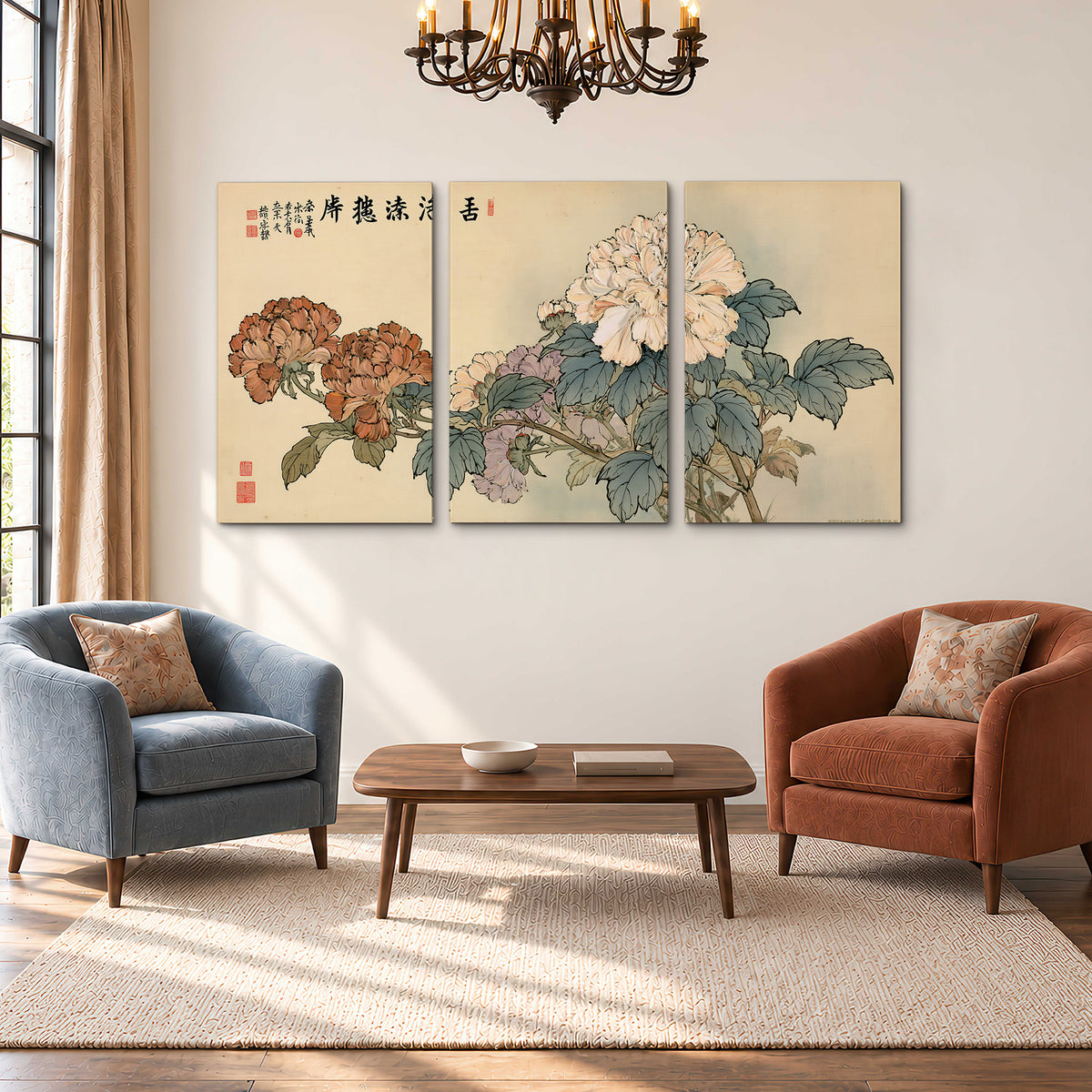 Pale pink peonies and green leaves on a warm beige background with decorative script 3 piece canvas wall art styled in an interior