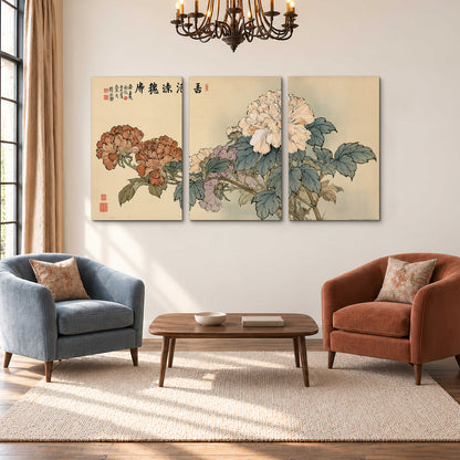 Pale pink peonies and green leaves on a warm beige background with decorative script 3 piece canvas wall art styled in an interior