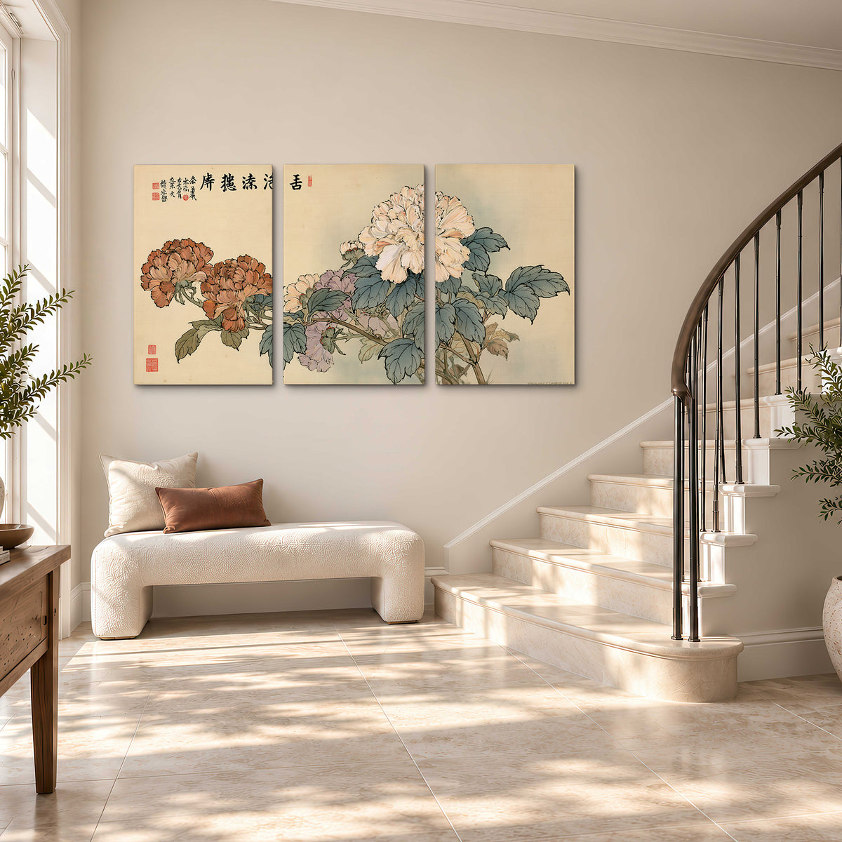 Pale pink peonies and green leaves on a warm beige background with decorative script 3 piece canvas wall art styled in an interior