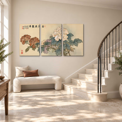Pale pink peonies and green leaves on a warm beige background with decorative script 3 piece canvas wall art styled in an interior