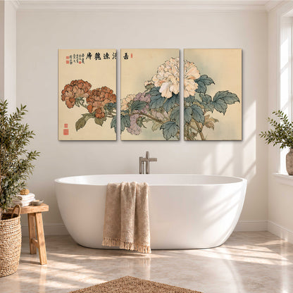 Pale pink peonies and green leaves on a warm beige background with decorative script 3 piece canvas wall art styled in an interior