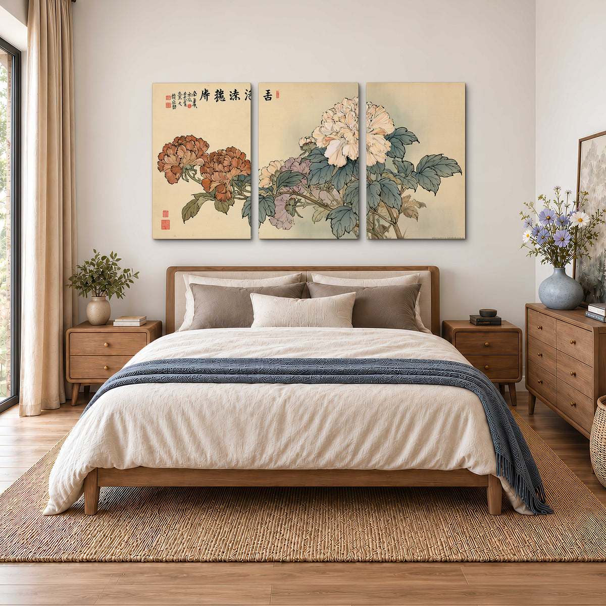 Pale pink peonies and green leaves on a warm beige background with decorative script 3 piece canvas wall art styled in an interior
