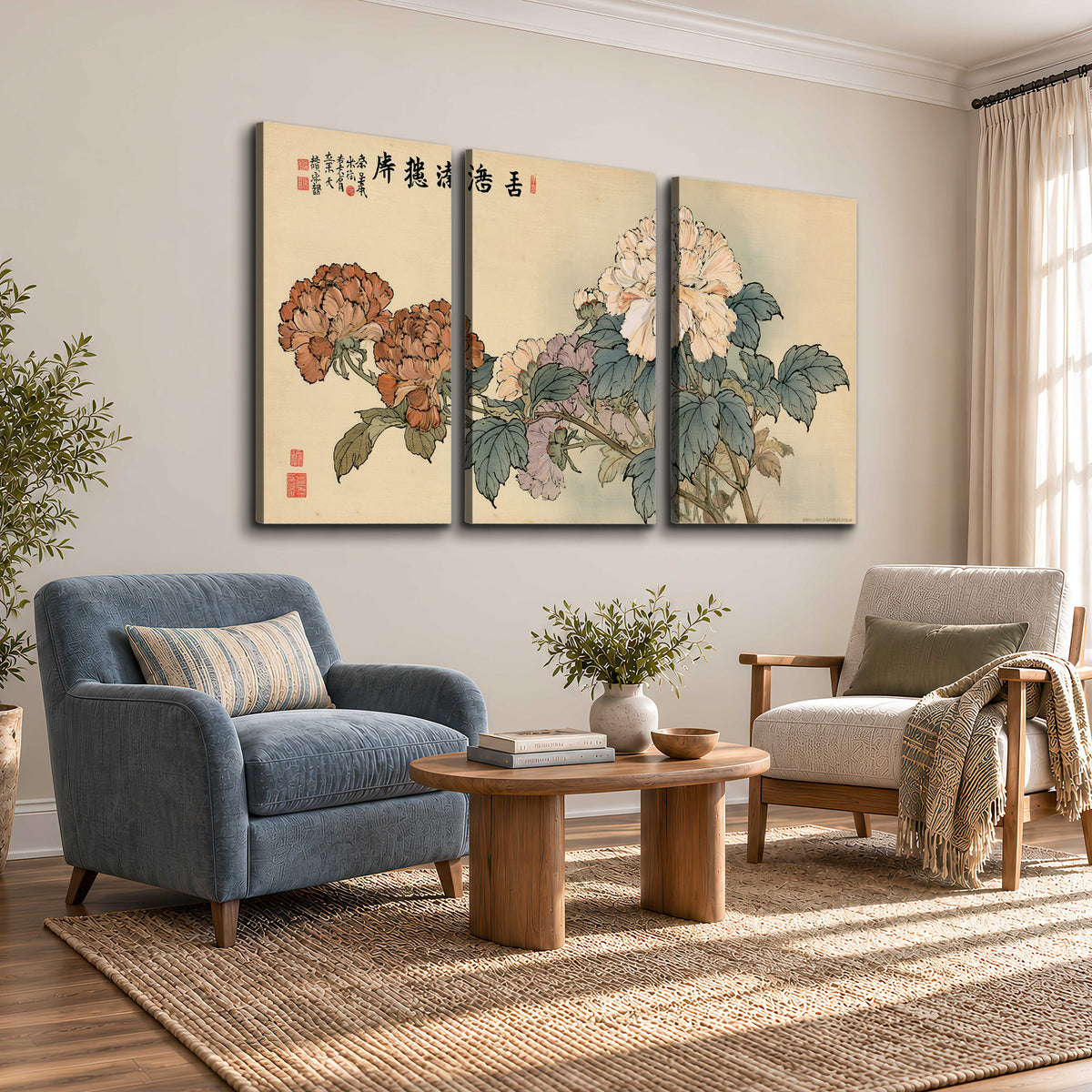 Pale pink peonies and green leaves on a warm beige background with decorative script 3 piece canvas wall art styled in an interior