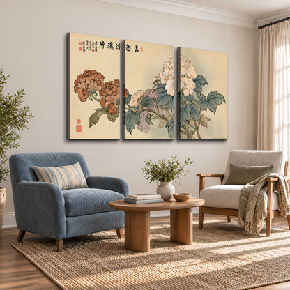 Pale pink peonies and green leaves on a warm beige background with decorative script 3 piece canvas wall art styled in an interior