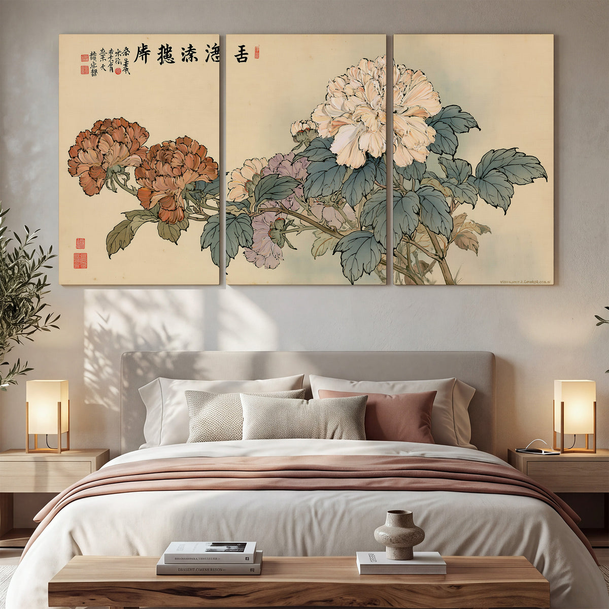 Pale pink peonies and green leaves on a warm beige background with decorative script 3 piece canvas wall art displayed in a bedroom