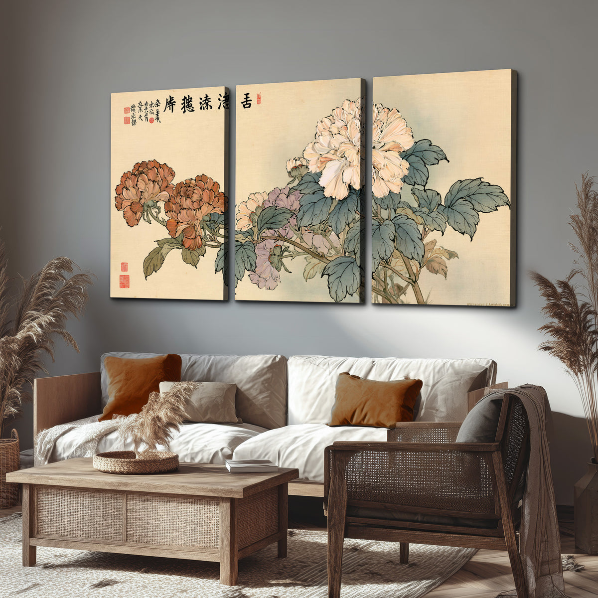 Pale pink peonies and green leaves on a warm beige background with decorative script 3 piece canvas wall art displayed in a rustic living room