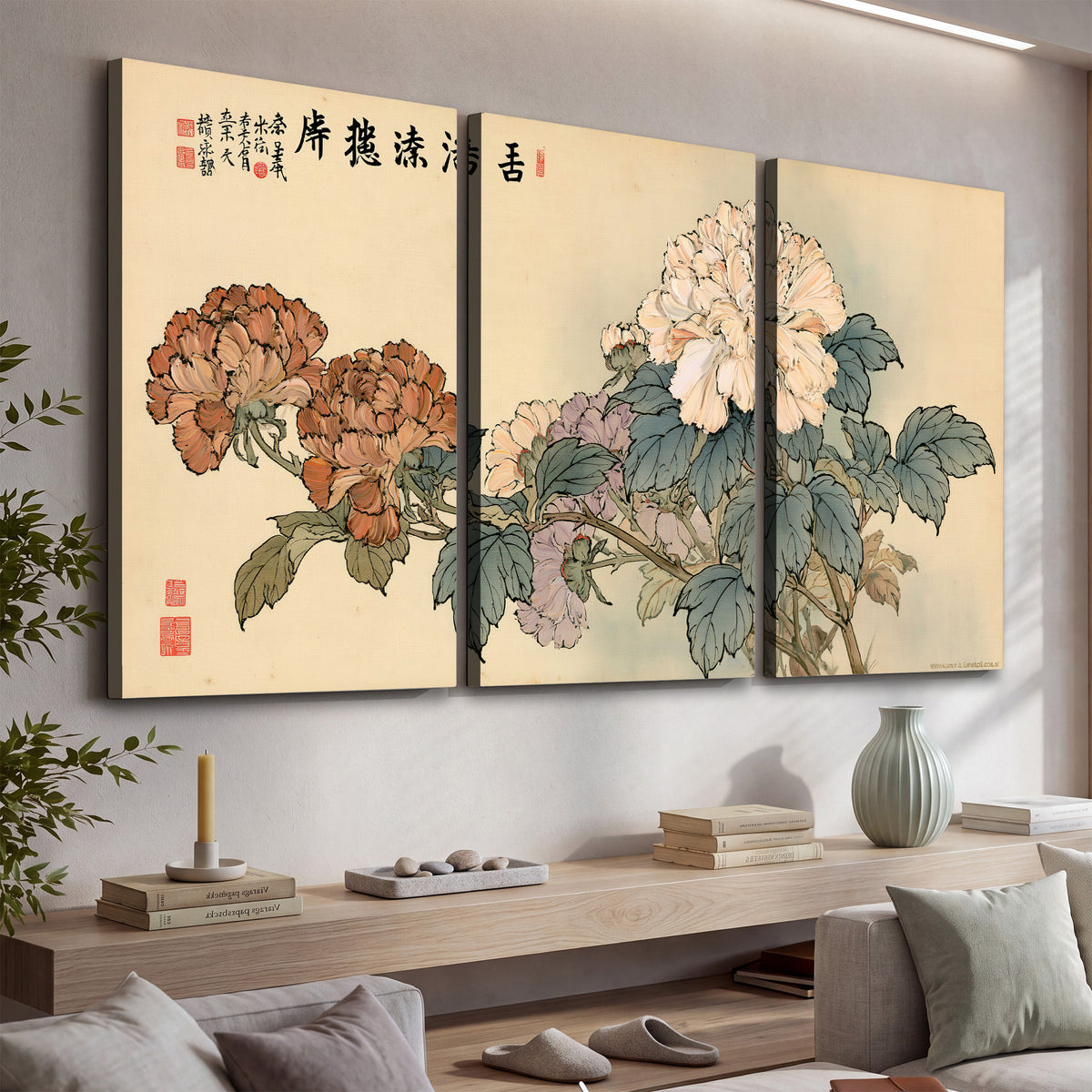 Pale pink peonies and green leaves on a warm beige background with decorative script 3 piece canvas wall art displayed in a console