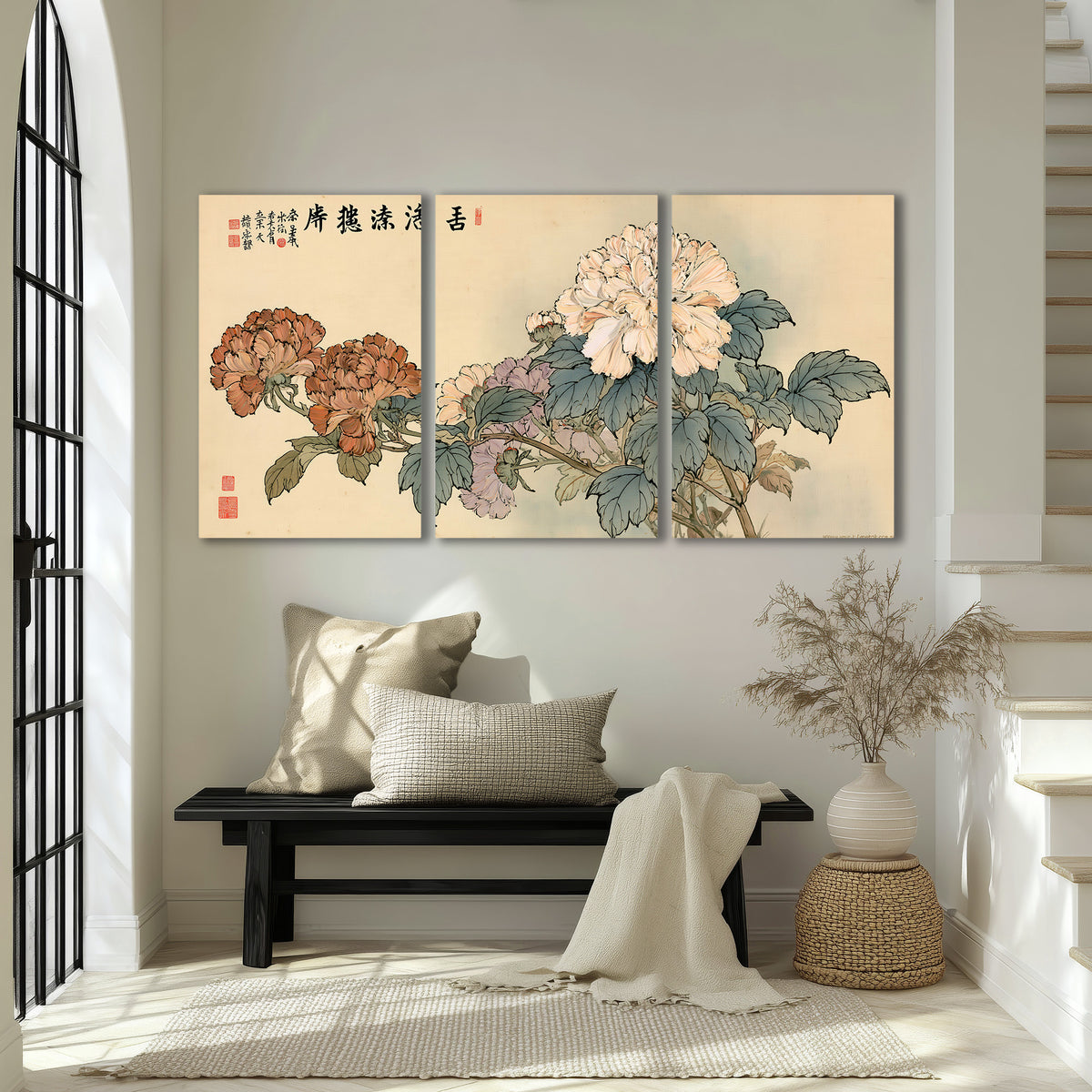 Pale pink peonies and green leaves on a warm beige background with decorative script 3 piece canvas wall art displayed in a entryway