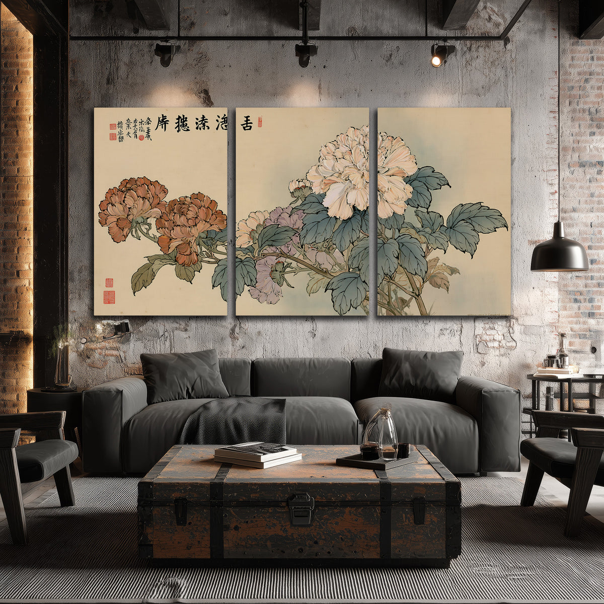 Pale pink peonies and green leaves on a warm beige background with decorative script 3 piece canvas wall art displayed in a industrial room