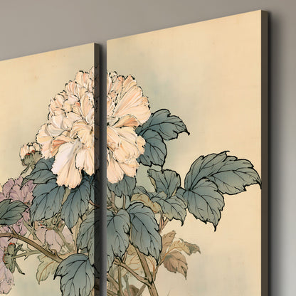 Pale pink peonies and green leaves on a warm beige background with decorative script 3 piece canvas wall art room and product view